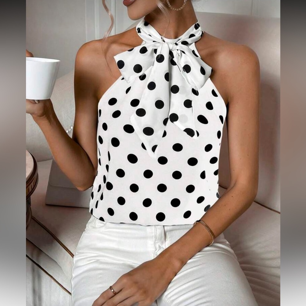 Classic Polka Dot Print Halter Top Blouse Shirt White